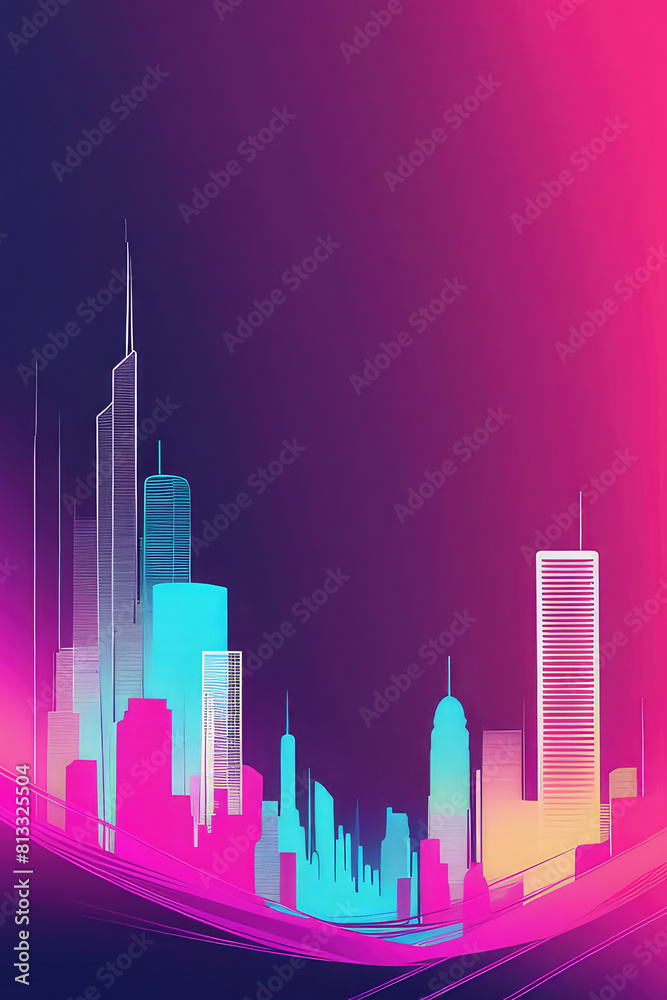 Colorful neon vibrant silhouette of the modern city on the gradient background.