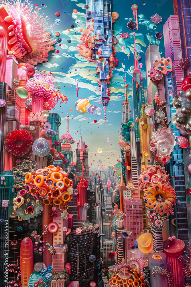Fototapeta premium Allergens magnified to reveal intricate details, presented against an imaginative and colorful cityscape background