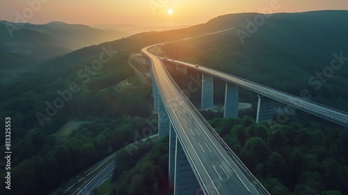 Aerial view of highway road bridge for vehicular transport as part of infrastructure development built over valley with green forest trees and hills connecting towns during sunset photo