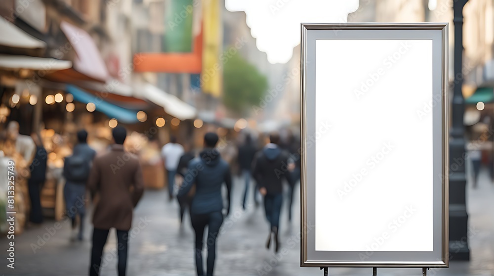  Blur city market background with blank ad frame for advertise product. 