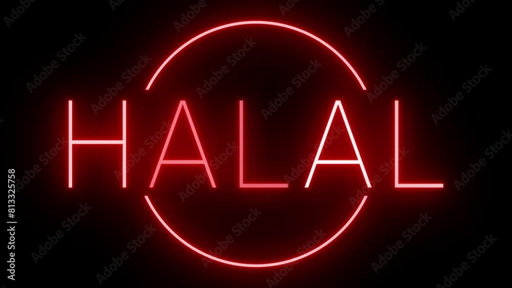 Flickering red retro style neon sign glowing against a black background for HALAL Flickering red retro style neon sign glowing against a black background for HALAL