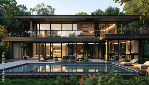 a modern house with a pool surrounded by lush greenery, featuring a variety of chairs including a white chair, a black chair, and a black and blue chair, all set against