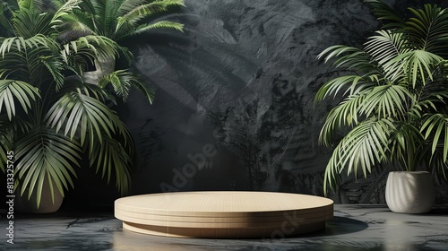 Product display stage with palm leaves on black background design
