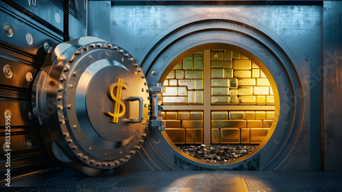 Vintage antique safe for cash and valuables. Close-up of a safe with a combination lock. Bank vault with open door store gold bar inside in gold vault money dollar and euro vault inside in bank vault.