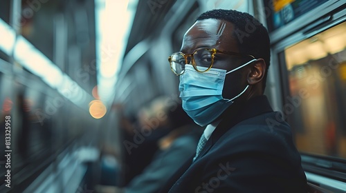 African American businessMan wearing protective mask while traveling by public transportation, photo