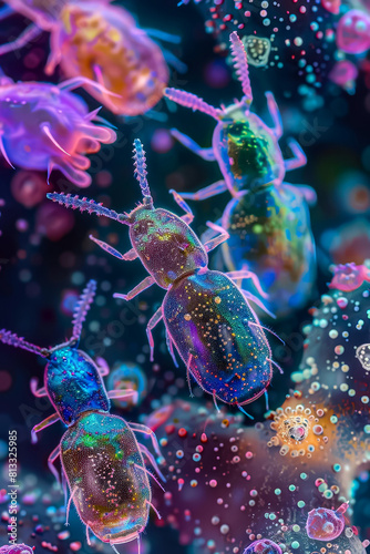 Microscopic image of Dermatophagoides mites, artistically enhanced with a colorful, citylike abstract background photo