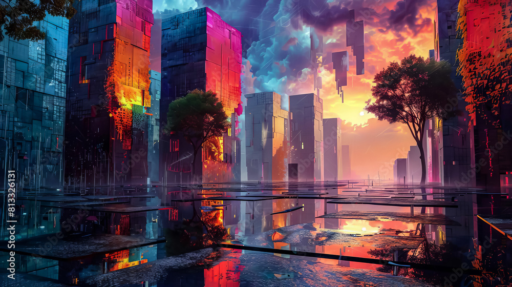 Scientific study of Dermatophagoides, displayed with an imaginative background that resembles a colorful urban setting