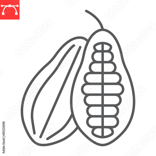 Cocoa pod line icon, cocoa beans and chocolate, cacao vector icon, vector graphics, editable stroke outline sign, eps 10.
