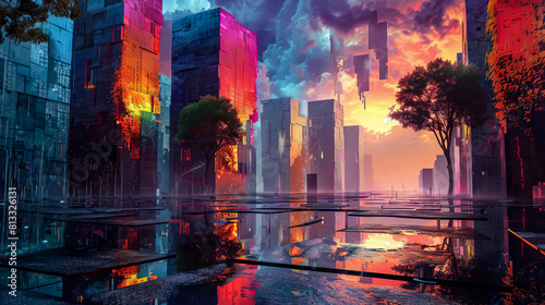 Scientific study of Dermatophagoides, displayed with an imaginative background that resembles a colorful urban setting