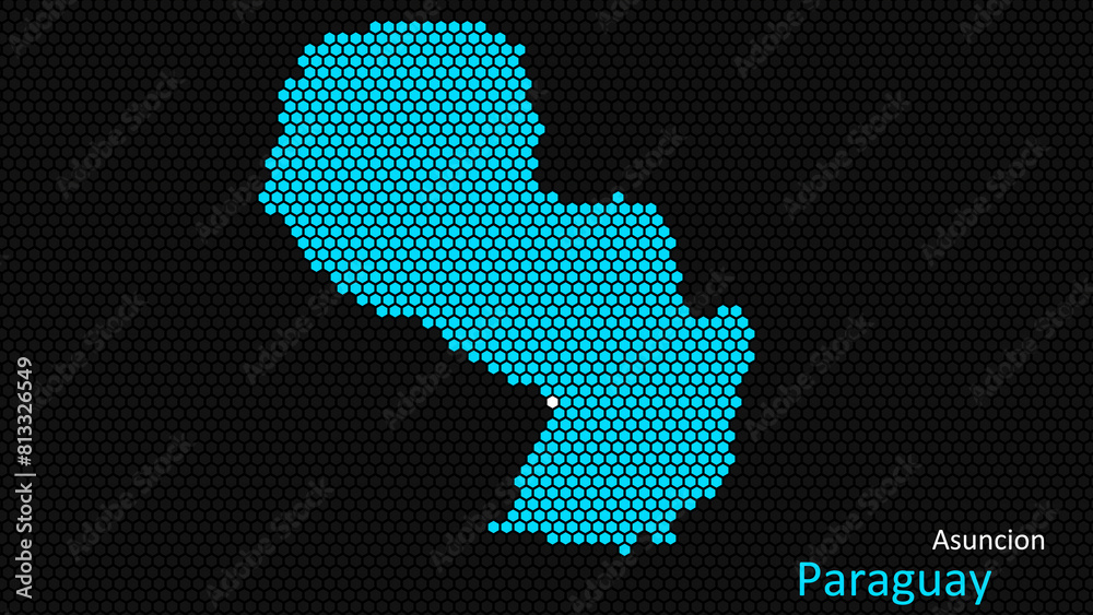 A map of Paraguay, with a dark background and the country's outline in the shape of a colored hexagon, centered around the capital. A simple sketch of the country