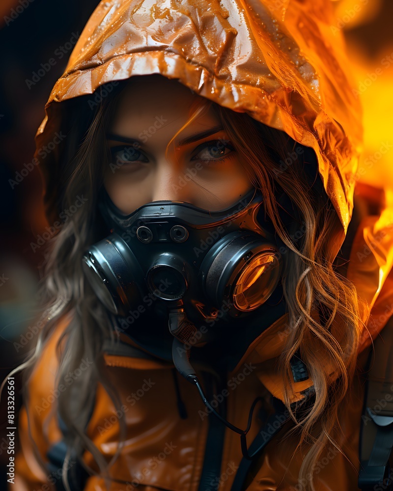 a girl with a tactical full face mask in a post apocalyptic world