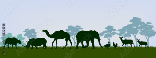 An African safari animal silhouette  with hill, mountain landscape scene on background vector illustration.