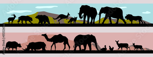 An African safari animal silhouette  with hill, mountain landscape scene on background vector illustration.