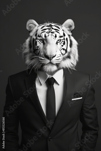 Sharp black tie complements the suave white tiger in a sleek suit, in a refined studio portrait 🐅🎩 Elegance and sophistication at its finest! photo