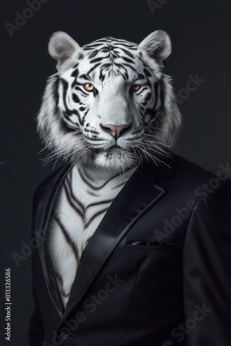 In a surreal black studio portrait, a white tiger dons a suit 🐅🎩 Captivatingly blending elegance with fantasy in a striking image! photo