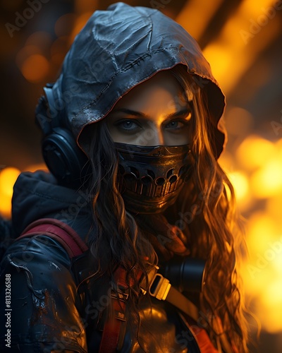 a girl with a tactical full face mask in a post apocalyptic world photo