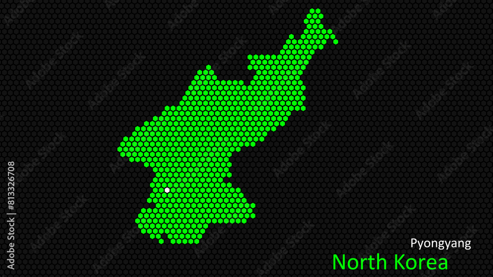 A map of North Korea, with a dark background and the country's outline in the shape of a colored hexagon, centered around the capital. A simple sketch of the country A map of North Korea, with a dark background and the country's outline in the shape of a colored hexagon, centered around the capital. A simple sketch of the country