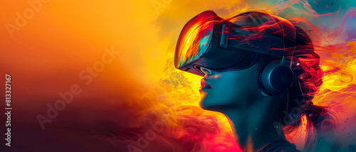 User wearing a VR headset, immersed in a soothing gradient of colors inspired by Calming Rhythms, serene setting