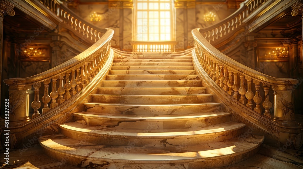 Obraz premium Luxurious grand staircase leading to success, bathed in a golden light, symbolizing prosperity in business