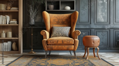 Armchair with cushion and stool in the living room photo