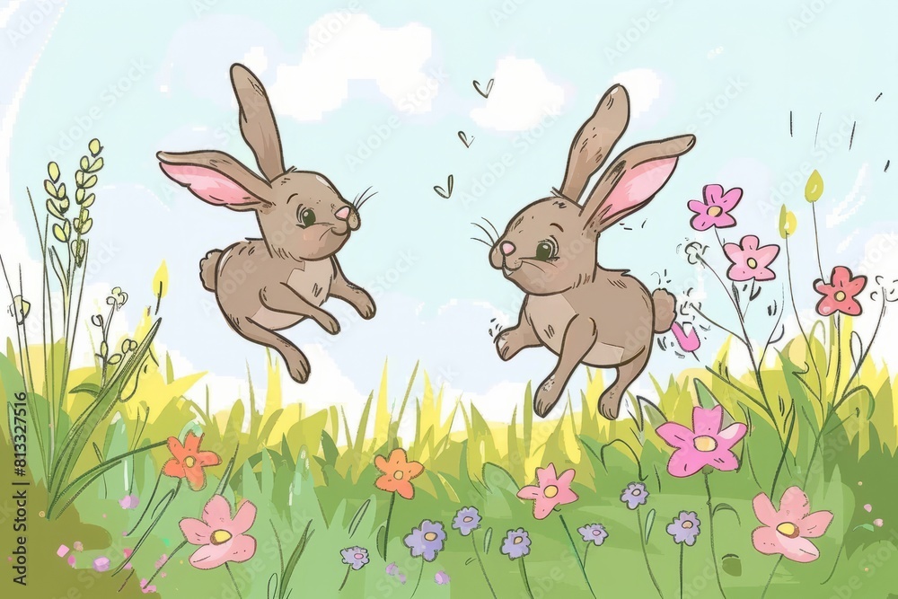 Fototapeta premium Cartoon cute doodles of a pair of rabbits hopping through a field of flowers, chasing each other in circles and twitching their noses in, Generative AI