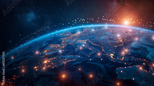 "Digital world globe focused on Asia and Middle East, idea of worldwide network and connections on Earth, data moving and cyber tech, info exchange and global telecommunication"