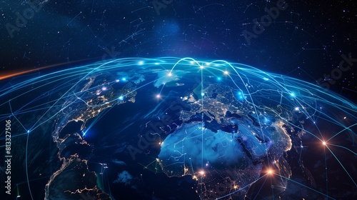  Digital world globe focused on Asia and Middle East  idea of worldwide network and connections on Earth  data moving and cyber tech  info exchange and global telecommunication 