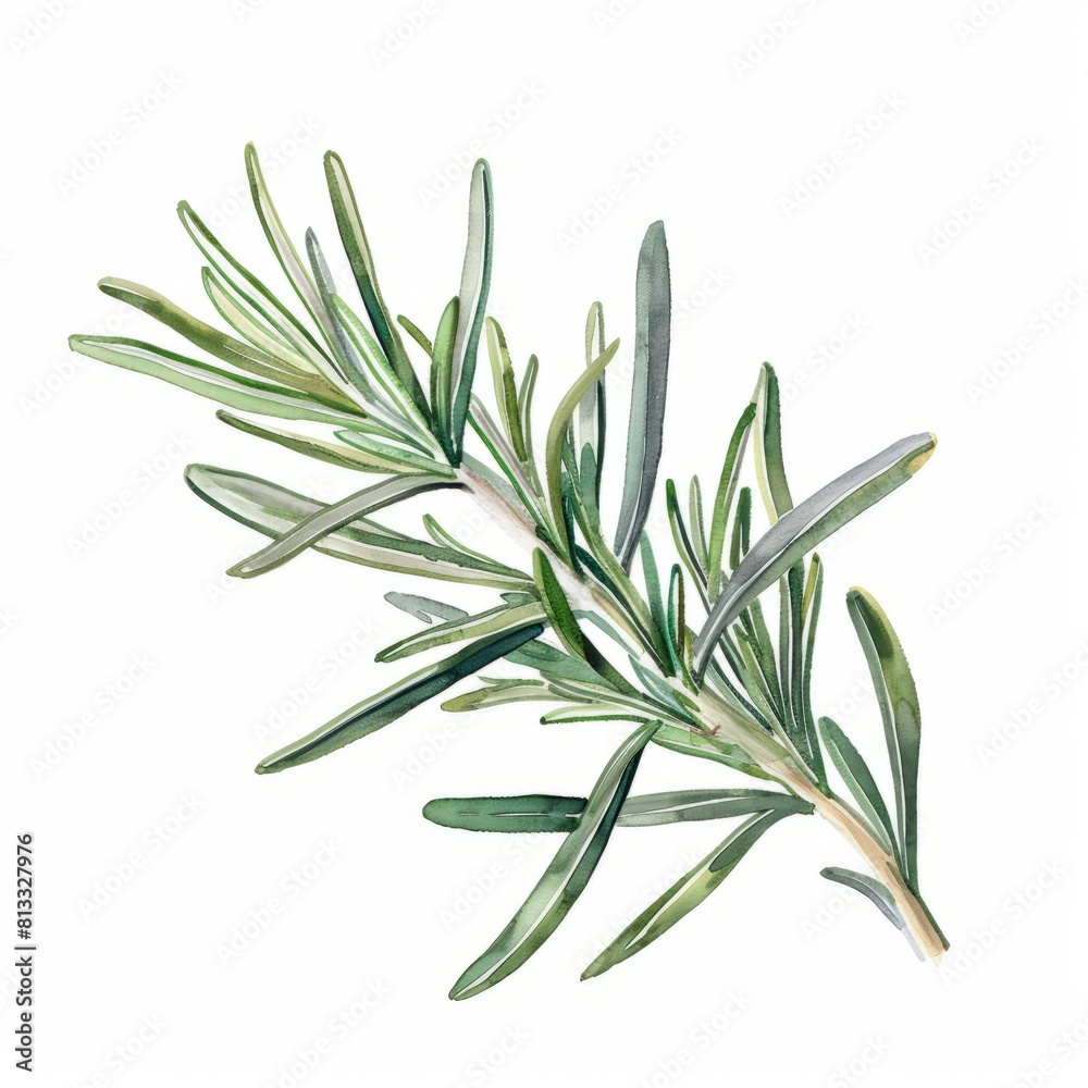 Fototapeta premium Watercolor painting of a fragrant rosemary leaf with its needle-like shape and silvery-green color, on isolated white background, Generative AI