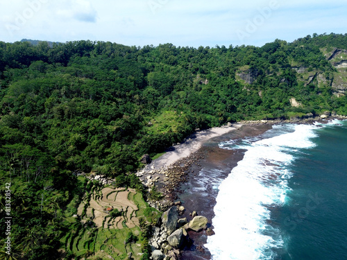 Aerial view of Pangasan beach in Pacitan, East Java, Indonesia