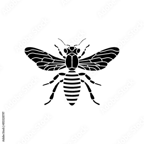 Honey Bee Icon. Black Bee On White Background. Vector Silhouette. Graphic illustration of insect silhouette vector drawing for honey products, package, design.
