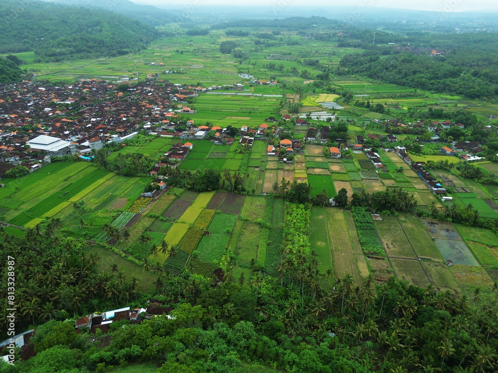 Aerial view of Bugbug village and Mount Agung in Bali, Indonesia