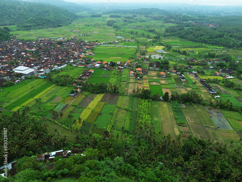Aerial view of Bugbug village and Mount Agung in Bali, Indonesia