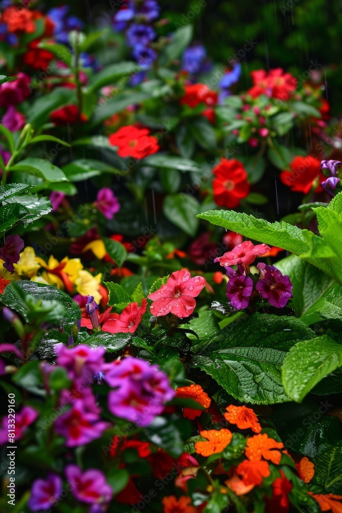 A vibrant garden bursting with color, rejuvenated by the nourishing rain shower that has just passed, Generative AI