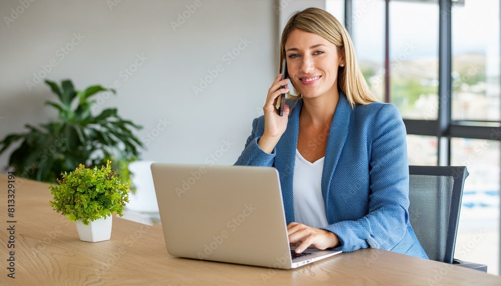 Professional woman talking on phone at office desk Professional woman talking on phone at office desk