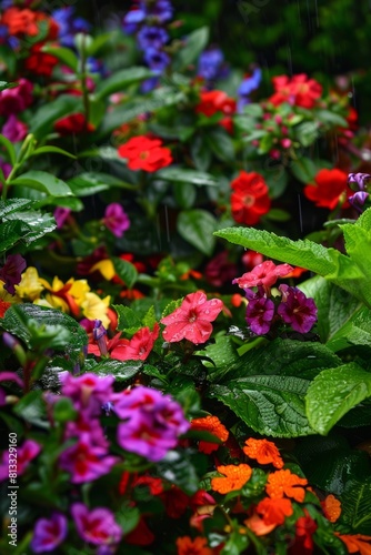 A vibrant garden bursting with color, rejuvenated by the nourishing rain shower that has just passed, Generative AI