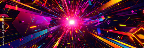 Futuristic Neon Geometric Explosion: A Digital Art Illustration inspired by Video Gaming Aesthetics