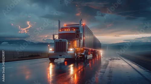 Big rig stylish industrial dark gray semi truck with turned on headlights transporting cargo in dry van semi trailer running on the twilight wet road with light reflection surface in rain weather