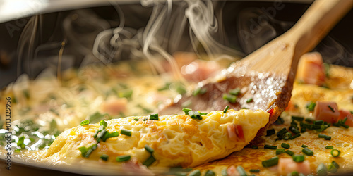 omelette with ham and chives in the pan, generative AI photo