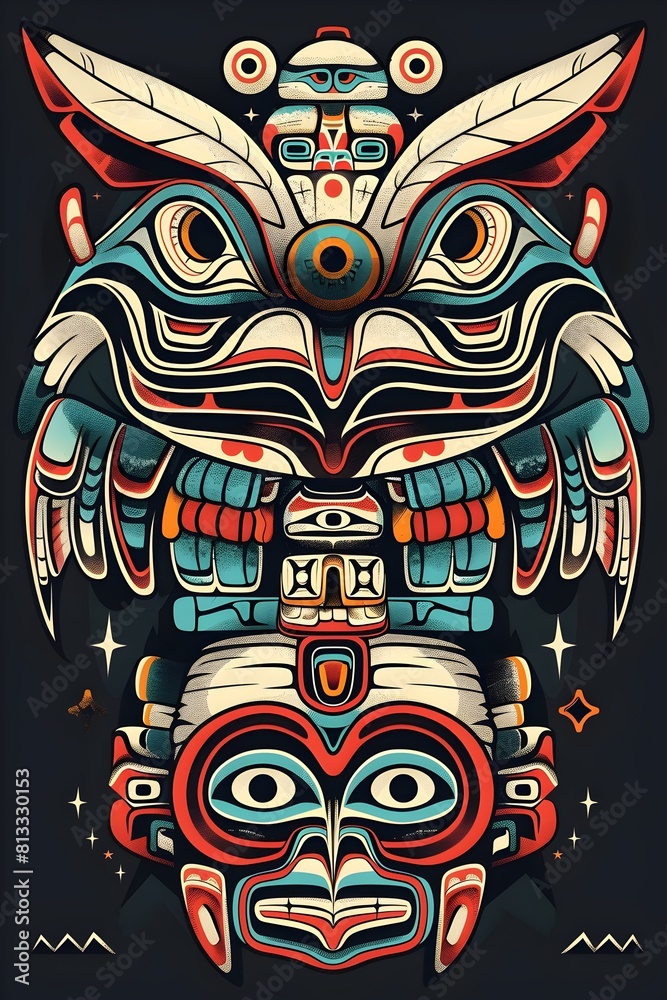 Obraz premium Captivating Inuit Inspired Tattoo Design with Totems Igloos and Arctic Animals in Vibrant 90s Synthwave Style