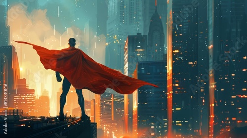 Businessman as a modern-day superhero, wearing a red cape, stands heroically in a bustling metropolis