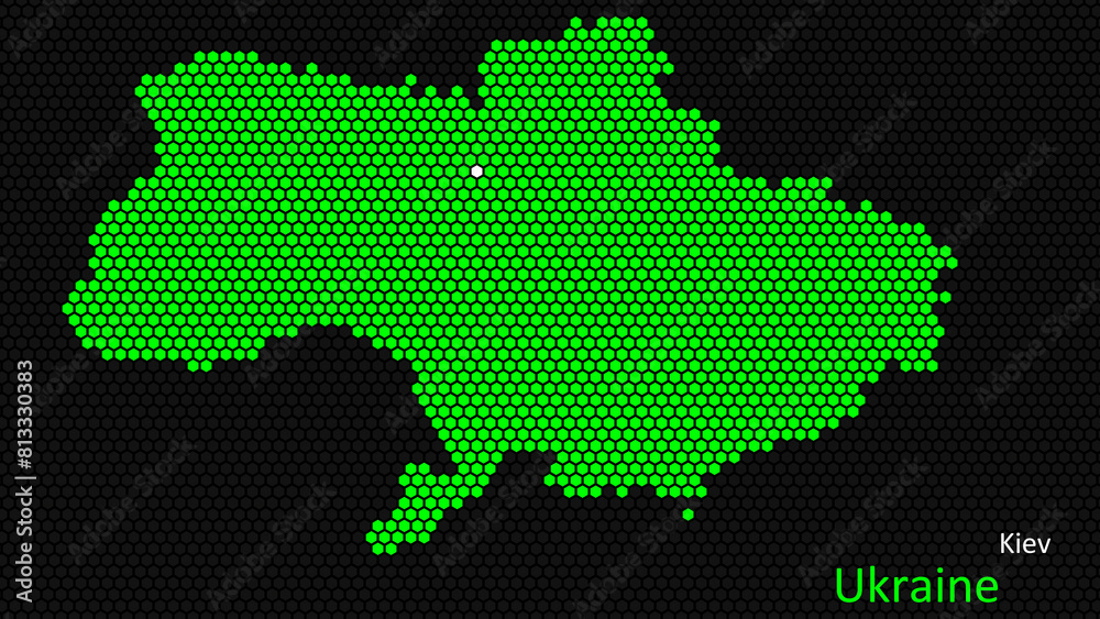 A map of Ukraine, with a dark background and the country's outline in the shape of a colored hexagon, centered around the capital. A simple sketch of the country
