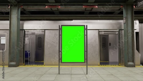 Empty billboard with a green screen for advertising on a subway station. 4k 3D animation  photo