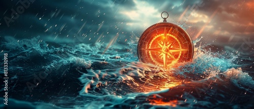 Abstract compass with a bright light, leading through stormy seas, embodying principles of business strategy photo