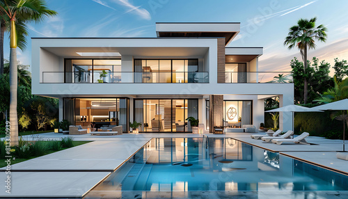 a modern white house with a swimming pool surrounded by white chairs and umbrellas, set against a blue sky © alovestete