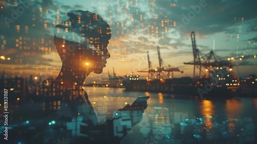 Business and Technology Digital Future of Cargo Containers Logistics Transport Concept, Double Exposure of Business man using Tablet and Freight Ship at Port, Transportation Import Export Background photo