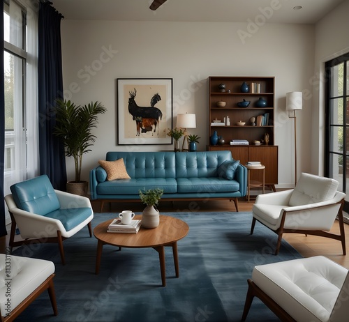 Mid-century style home interior design of modern living room. White sofa and blue leather chairs near wooden coffee table.