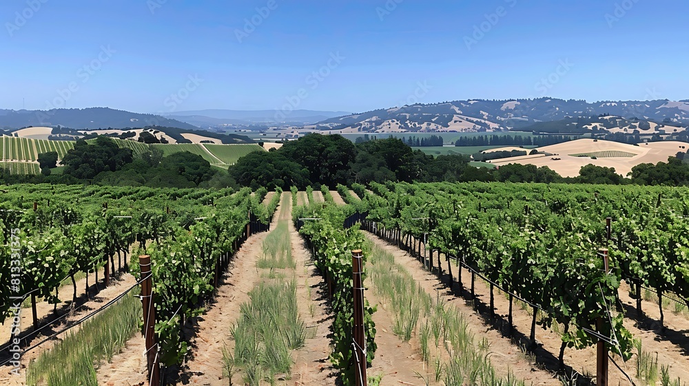 A stunning vista of rolling vineyards with grapevines stretching to the horizon under a clear blue sky.