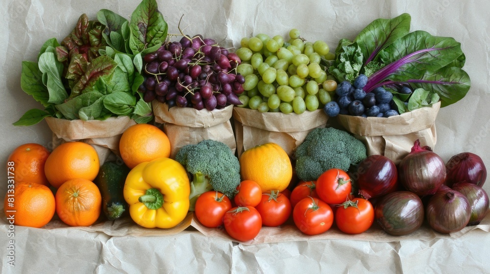 Assortment of Seasonal Fruits and Vegetables Neatly Packed in Recyclable Paper Bag