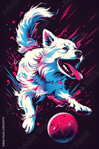 Energetic Canine Chasing Ball in Vibrant Synthwave Streetwear T Shirt Design photo