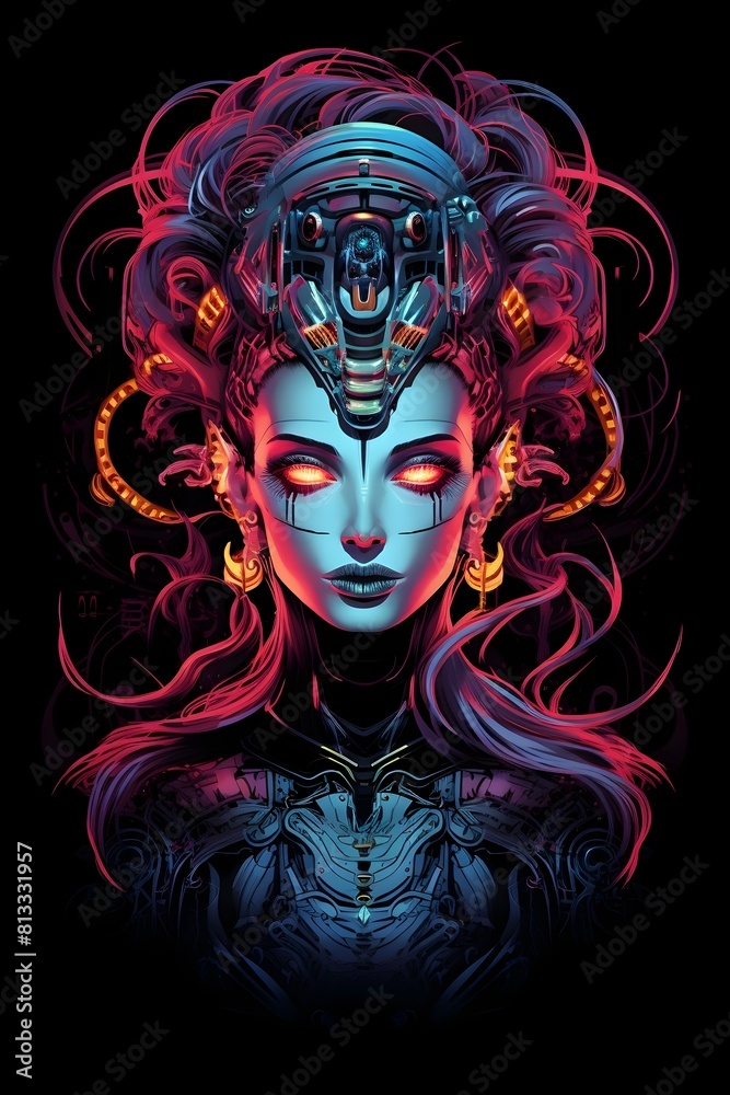 Enigmatic Goddess in Holographic Neon Synthwave Portrait Enigmatic Goddess in Holographic Neon Synthwave Portrait